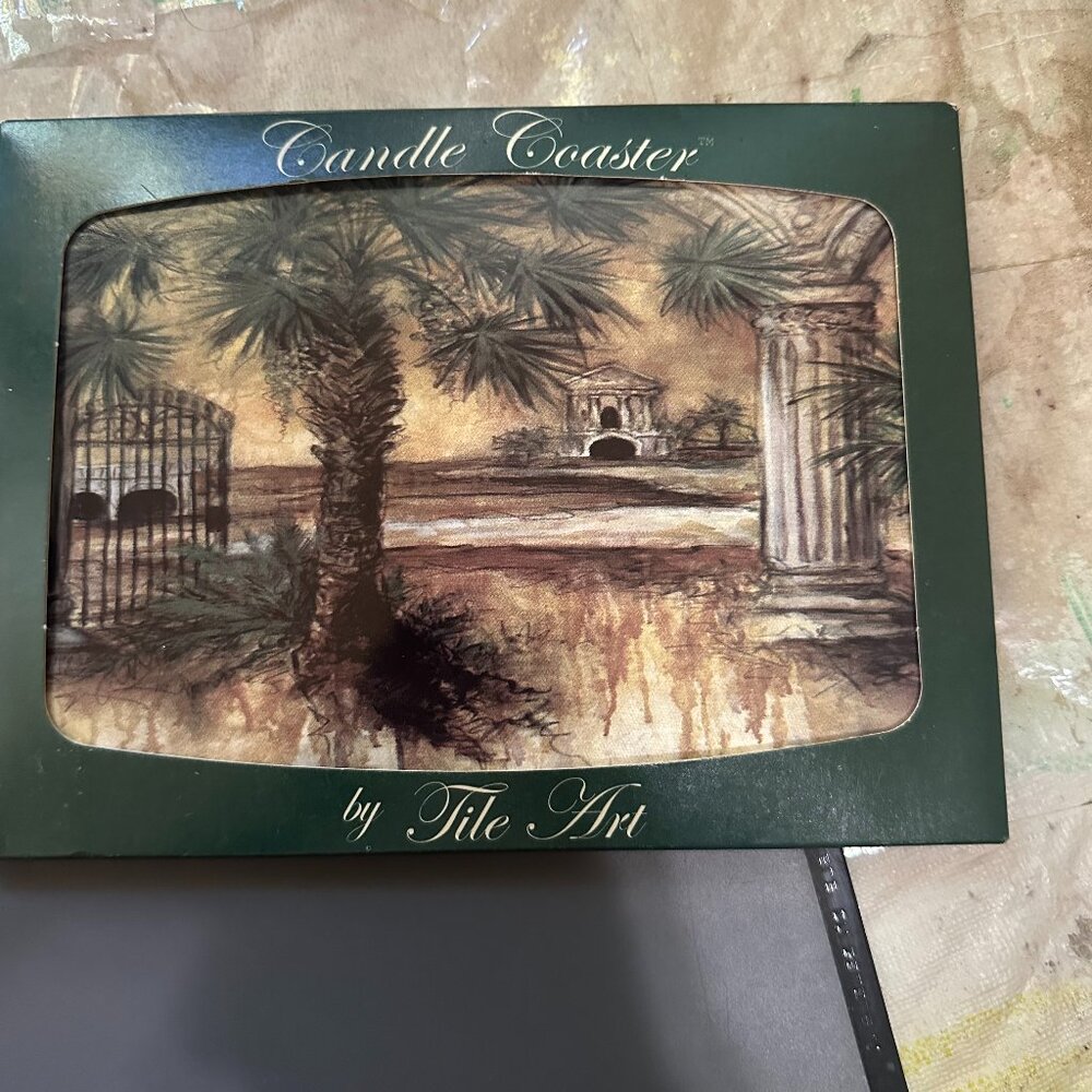 Candle Coaster by Tile Art Palm Tree Mausoleum Pillars 8" x 6" Strickland